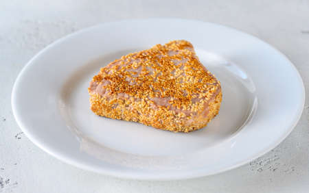 Tuna steak with sesame seeds close-upの写真素材