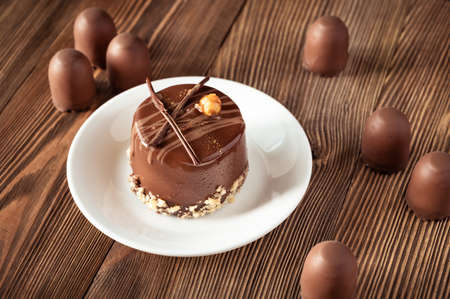Decorated chocolate cake with chocolate marshmallowsの写真素材