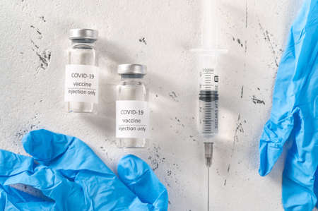 Two tubes of COVID-19 coronavirus vaccineの写真素材