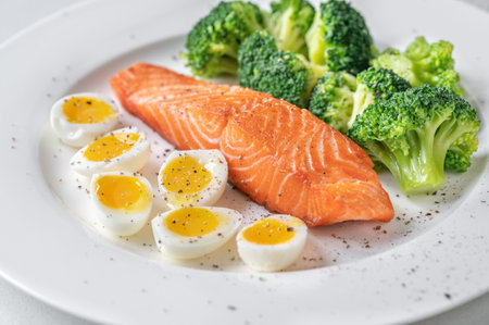 Portion of  salmon with broccoli and eggs