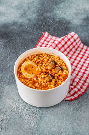 Bowl of Ramen - Japanese noodle soup: top viewの写真素材