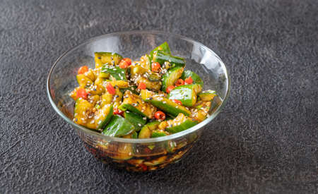 Glass of bowl of Chinese smashed cucumber salad