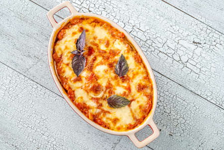 Cooked Eggplant Parmigiana In Baking Pan Close-up