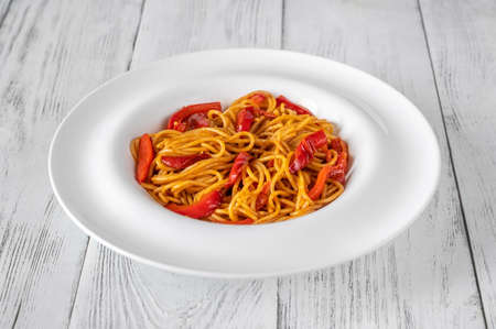 Roasted Red Pepper Spaghetti Pasta On The Plateの写真素材