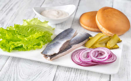Ingredients for fischbrotchen - traditional german fish sandwichの写真素材