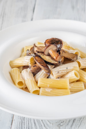 Tortiglioni pasta with porcini mushrooms and creamy sauceの写真素材
