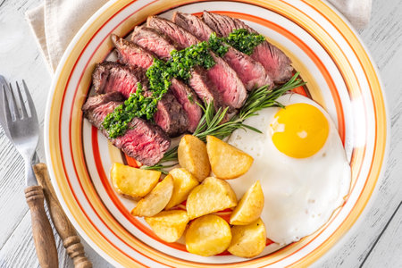 Sliced beef steak with fired egg and potato