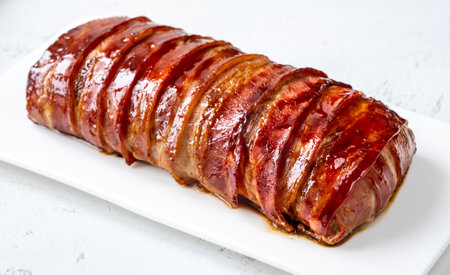 Bacon wrapped Meatloaf on the white plateの写真素材