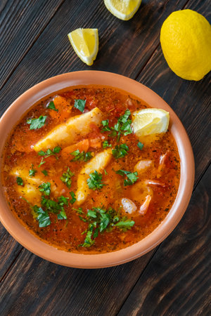 Psarosoupa traditional greek fish and vegetable soupの写真素材
