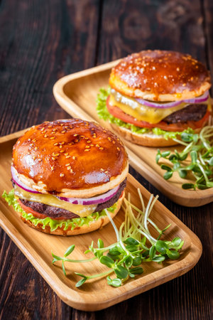 Two glazed burgers on the wooden backgroundの写真素材
