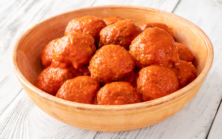 Bowl of keftedes - greek meatballs with tomato sauceの写真素材