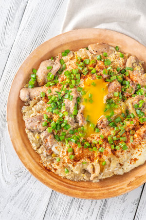 Oyakodon Japanese bowl dish with chicken, onion, egg and sliced scallionの写真素材