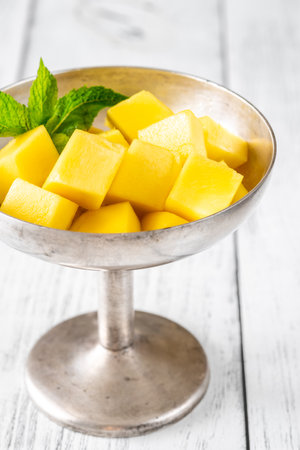 Fresh mango fruit cubes in the bowlの写真素材