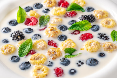 Portion of cereal with milk and berries
