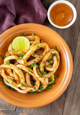 Bowl of fried squid rings on wooden table