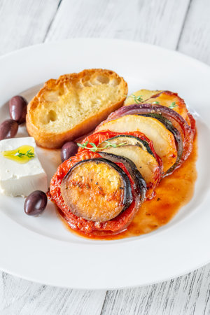 Portion of Briam Greek Vegetable Bake with fetaの写真素材