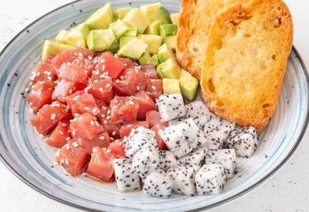 Portion of Hawaiian poke with tuna, pitaya and avocado