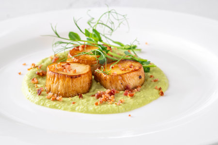 Fried eryngii wit green pea sauce and baconの写真素材