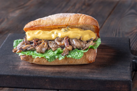 Ciabatta sandwich with chesse and mushroomsの写真素材