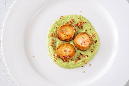 Fried eryngii wit green pea sauce and baconの写真素材