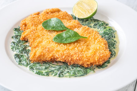Chicken Milanese cutlet garnished with creamed spinachの写真素材