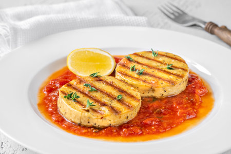 Portion of grilled cheese with tomato basil sauceの写真素材