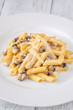 Portion of creamy garlic penne pasta with mushroomの写真素材