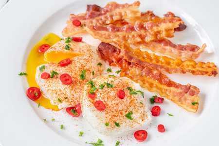 Portion of poached eggs with crispy baconの写真素材
