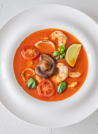 Portion of thai seafood tom yum soupの写真素材