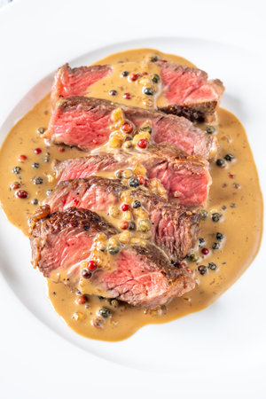 Steak au poivre - french steak with peppercorn sauceの写真素材