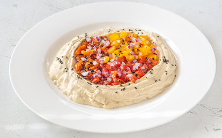 Portion of hummus with baked bell pepper and tomatoesの写真素材