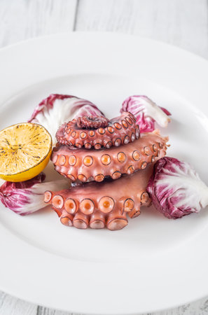 Portion of grilled Octopus with lemon and lettuceの写真素材