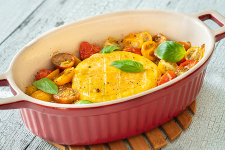 Baked camembert cheese with cherry tomatoes and basilの写真素材