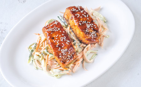 Teriyaki Salmon with Creamy Cucumber Carrot Saladの写真素材