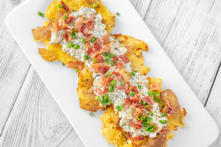 Smashed potatoes with bacon and sour cream sauceの写真素材