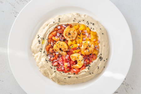 Portion of hummus with baked bell pepper, tomatoes and shrimpの写真素材