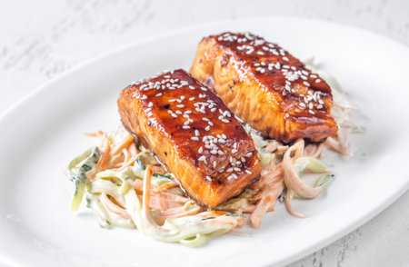 Teriyaki Salmon with Creamy Cucumber Carrot Saladの写真素材
