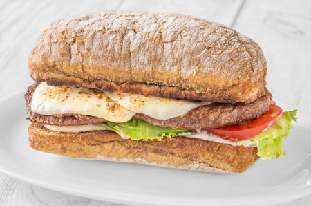 Ciabatta sandwich with beef patties and mozzarellaの写真素材