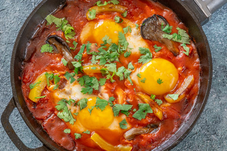 Eggs simmered in spiced tomato base with mushrooms, peppers, and fresh herbsの写真素材