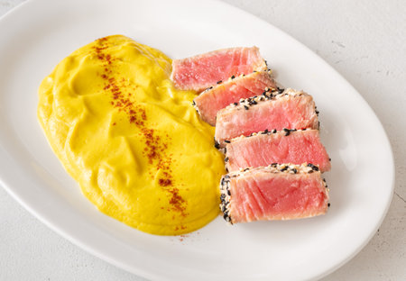 Crisp sesame tuna rests beside smooth cauliflower curry, balanced and visually refinedの写真素材
