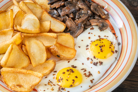 A hearty breakfast dish with crisp dippers, runny eggs, and sauteed mushroomsの写真素材