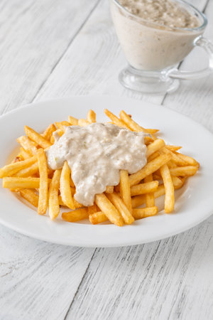 Creamy sauce melts into warm fries, creating a bold flavor experience togetherの写真素材