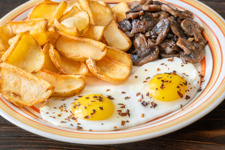 A hearty breakfast dish with crisp dippers, runny eggs, and sauteed mushroomsの写真素材