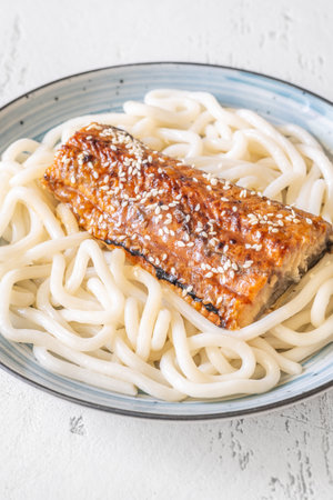 Thick udon noodles topped with glazed eel, richly coated in savory unagi sauceの写真素材