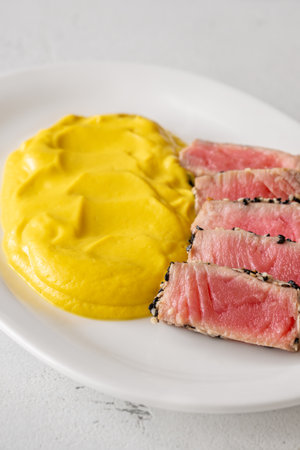 Crisp sesame tuna rests beside smooth cauliflower curry, balanced and visually refinedの写真素材