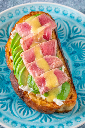 Savory tuna meets creamy labneh, lemon-mustard sauce adds a tangy twistの写真素材