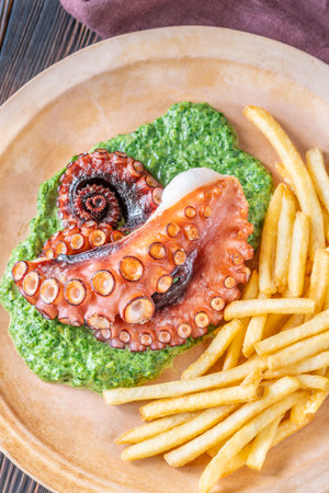 Roasted octopus tentacles served with creamy spinach and golden fries, rustic plating styleの写真素材
