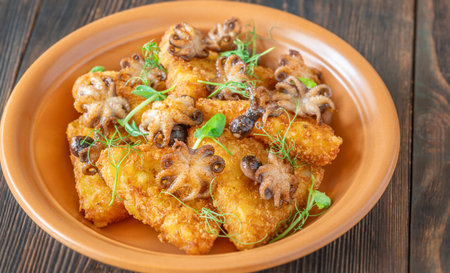 Crisp fritters and tender octopuses topped with greens on rustic wooden tableの写真素材