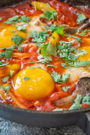 Eggs simmered in spiced tomato base with mushrooms, peppers, and fresh herbsの写真素材