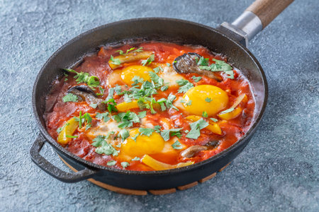 Eggs simmered in spiced tomato base with mushrooms, peppers, and fresh herbsの写真素材